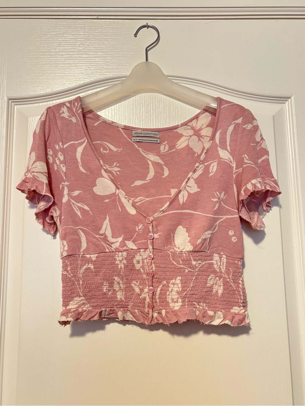 Urban Outfitters Pink Floral Button-Front Smocked Crop Top